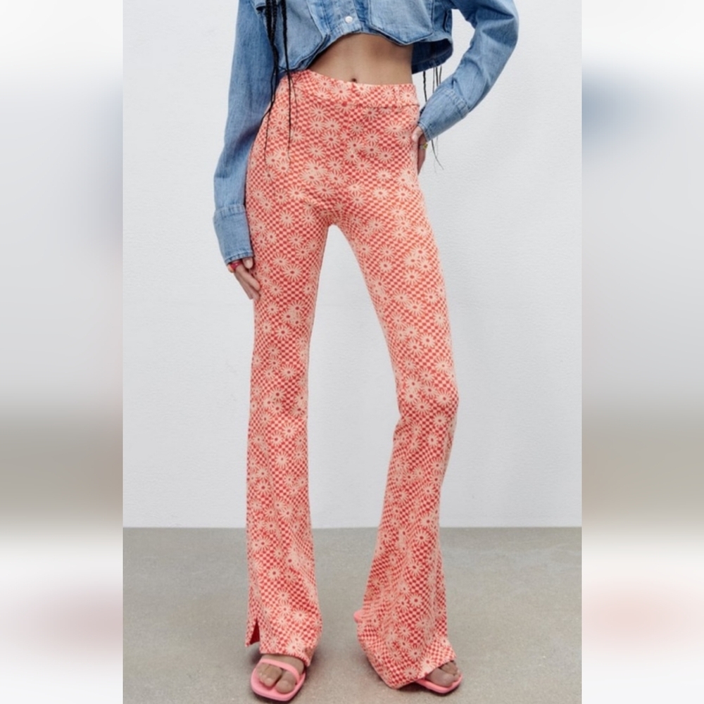 NEW ZARA Orange Daisy Print Flare Bottom Pants Size S Boho Hippie 70s Peace
